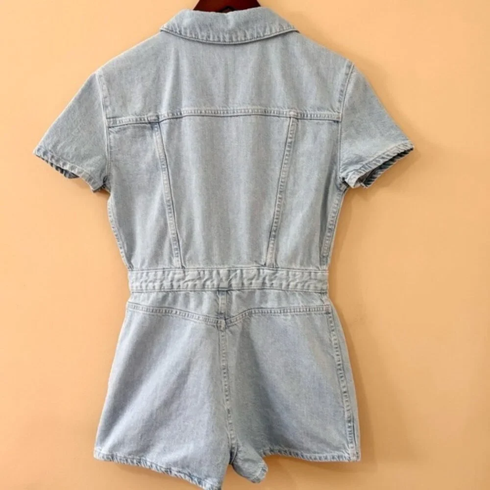 •SOLD•|Zara| Cute Light Blue Denim Shorts Snap-Up Jeans Romper Sz L - Picture 3 of 3